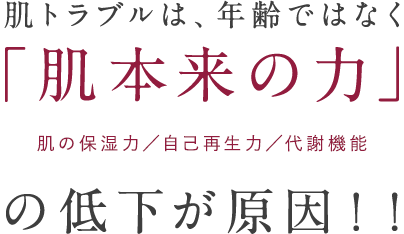 肌トラブルは、年齢ではなく「肌本来の力」(肌の保湿力/自己再生力/代謝機能)の低下が原因!!