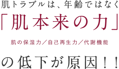 肌トラブルは、年齢ではなく「肌本来の力」（肌の保湿力／自己再生力／代謝機能）の低下が原因！！